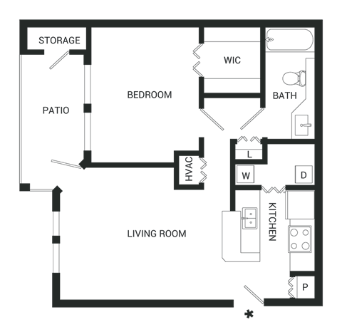 Floor plan for 1 bed, 1 bath, 742 sqft